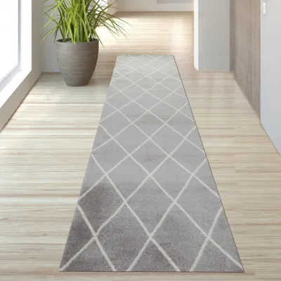 Zdjęcie produktu dla Dywan w stylu skandynawskim, wzór rombów, kolor szary, kremowy i biały, wymiary – 80 x 300 cm