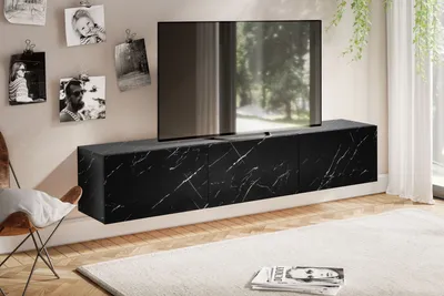 Obrázek produktu pro FineBuy Nízká skříňka na zavěšení, vzhled mramoru, černá, 160 x 30 x 30 cm, skříňka pod televizi, stolek pod televizi s výklopnými dvířky, moderní skříňka pod televizi, nástěnná skříňka pod televizi, komoda pod televizi