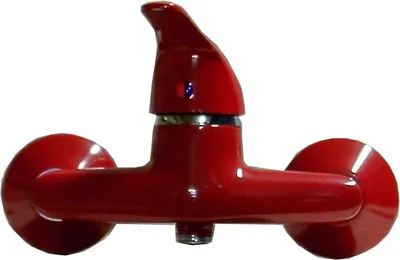 A red faucet on a white background.