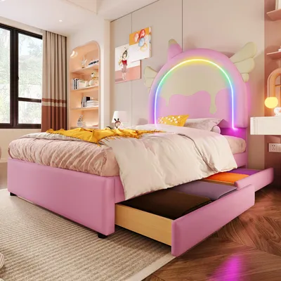 A child's bedroom with a pink unicorn-shaped bed.