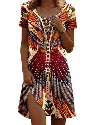 Produktbild von ASKSA Damen Sommerkleid Laessig Sommer Boho Kleid Elegant Blumendruck Maxikleid Kurzarm A-Linie Strandkleid (Gelb,L)