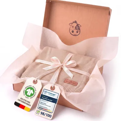 Produktbild von Minky Mooh® Babydecke 94x72 cm aus 100% Baumwolle – Kuscheldecke & Pucktuch für geborene – Creme/Beige