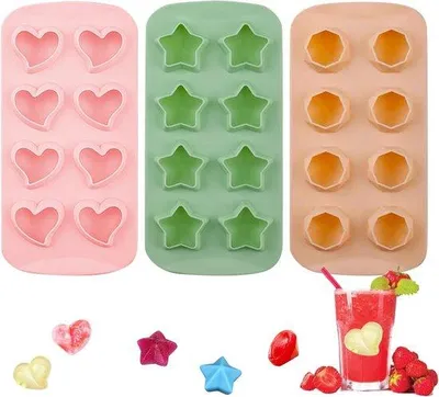 Produktbild von Famanu Set von 3 Silikon-Eiswürfelformen, herz- und sternförmig - Rosa und Grün