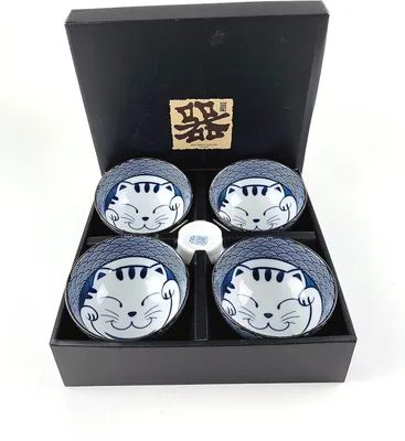 Produktbild von Set mit 5 japanischen Porzellanschalen, Suppenschalen und Reisschalen, in Geschenkbox, hergestellt in Japan, Maneki Neko