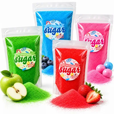 Produktbild von Aromazucker für bunte Zuckerwatte 4 x 250 g mit Geschmack Apfel Erdbeer Heidelbeere Vanille Farbaromazucker Zucker für die Zuckerwattemaschine