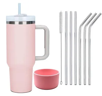 Productafbeelding van Ibenzoa® roestvrijstalen thermosbeker, 1200 ml – dubbelwandig, vacuümgeïsoleerd, houdt tot 12 uur warm/koud, met handvat, 6 roestvrijstalen rietjes en borsteltje, lichtroze