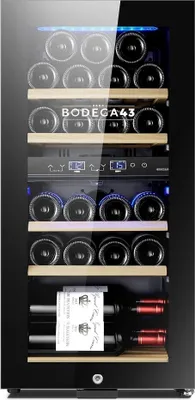 Produktbild von BODEGA43-22 Weinklimaschrank - 22 Flaschen - 2 Zonen - Kompakter Weinklimaschrank - 60 Liter - Geräuscharm (41 dB) - Fünf Schubladen aus Buchenholz