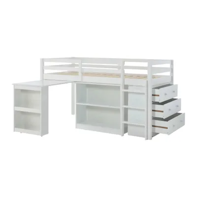 Produktbild von Hochbett Kinderbett (ohne Matratze) 90x190 cm , halbhohes Bett aus weissem Kiefernholz mit Schreibtisch und Stauraum fuer Kinderzimmer