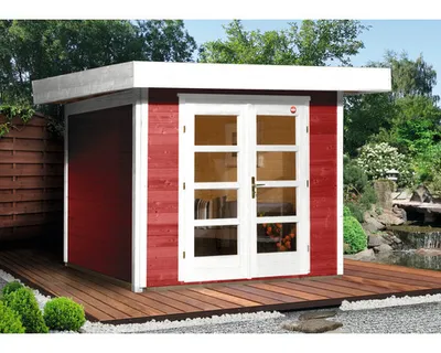 Produktbild von WEKA 126.3021.43000 Gartenhaus/Blockbohlenhaus Chill-Out 1 /Doppeltür/ ; Größe: 1 ; Farbgebung: Schwedenrot ; Wandstärke: 28 mm ; Maße (LxBxH): 295 cm x 260 cm x 226 cm ; Seitenwandhöhe: 217 cm