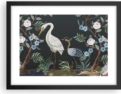 Produktbild von Gerahmtes Poster - Schwarzer Rahmen - Asiatisch Reiher Blumen - 40x30 cm - Wand Bild - Wanddeko - Wandbilder - Kunstposter - Wandposter - Bilderrahmen - Bilder - Kunstdruck - P2BAA40x30-4699