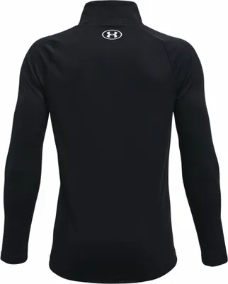 The back of a black long-sleeved shirt with a zipper at the neck.