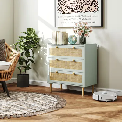 Produktbild von SUGIFT Kommode mit 3 Schubladen Rattan-Fronten, Schubladenschrank Boho, MDF, Grün | 80 x 40 x 87,5 cm | 28 kg | Kippschutz