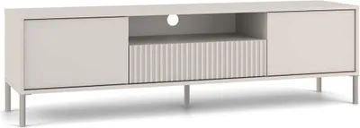 A modern, minimalist TV stand with two doors and an open shelf with a fluted drawer front, shown against a white background.