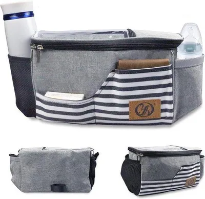 Produktbild von Babywagenorganizer mit Trinkflaschenhalter, Schultergurt und Aufbewahrungsraum für Windeln und Smartphones, Babycare-Artikel, Buggy-Organizer und Kinderwagentaschen, plus mit Reißverschlussfach (grau)
