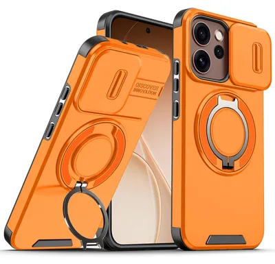 Produktbild von Handyhülle für Oppo Reno15 Pro Dual Layer Stoßfest Hülle mit Dia Kameraschutz, Magnetisch Ring Ständer Orange