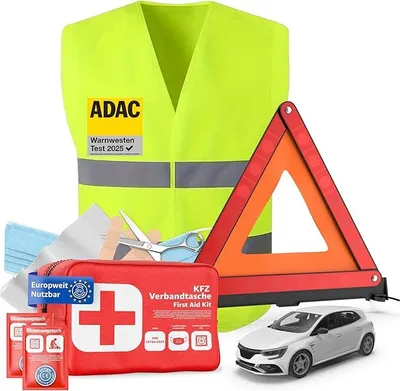 Zdjęcie produktu dla zestaw samochodowy 3 w 1 - apteczka samochodowa, kamizelka ostrzegawcza, trójkąt ostrzegawczy - zestaw awaryjny i akcesoria wypadkowe do samochodu