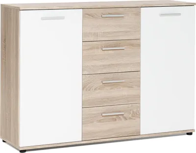A sideboard cabinet with two white doors and four light brown drawers.