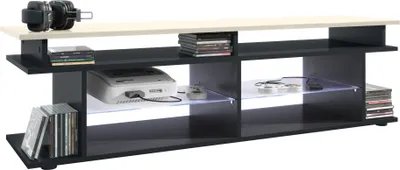 Produktbild von Vladon TV Board Movie V3 Game On 138,5 x 39 x 37,5 cm inkl. LED-Beleuchtung Weiß, Korpus in Schwarz matt, Game Aufsatz in Creme Hochglanz