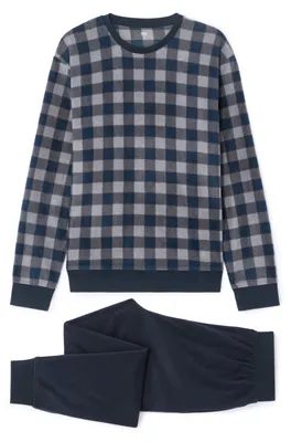 Produktbild von Celio Herren Pyjama Mipycomfy Fleece Dunkelblau kariert Langarmshirt Größe S