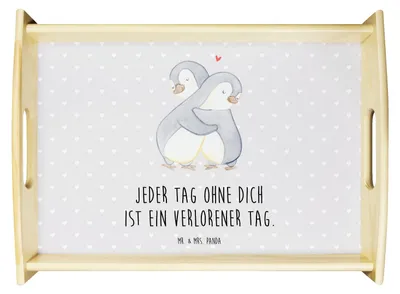 Produktbild von Mr. & Mrs. Panda Sofa Tablett Pinguine Kuscheln - Grau Pastell - Geschenk, für Freundin, Valentinstag, Serviertablett, Frauen, zum servieren, Dekotablett, Deko, Servier