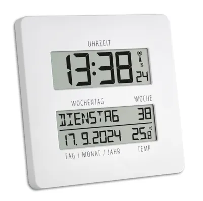 A white digital clock displaying time, date, day of the week, and temperature.
