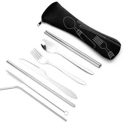 Immagine prodotto di Set di posate da viaggio con custodia, coltello, forchetta, cucchiaio in acciaio inossidabile e bacchette