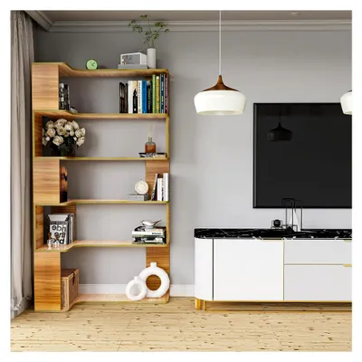 Produktbild von L-förmiges Bücherregal mit 5 Ebenen, Standregal für Büro und Wohnzimmer, 90x48x169cm, Holz