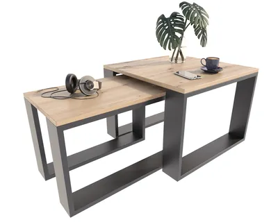 Two nesting coffee tables with wooden tops and dark metal frames, presented on a white background.