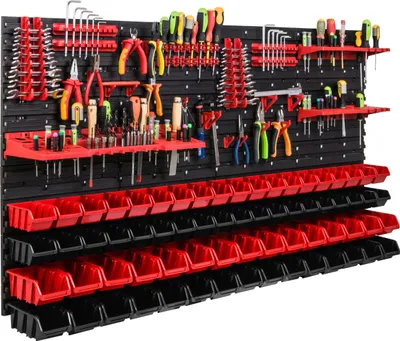 Image de Système de rangement Étagère d'atelier | 156 x 78 cm | 68 pièces Boîte | Étagère murale avec supports pour outils et boîtes empilables - Panneaux muraux Étagère à bacs extra-robuste Panneau perforé pour outils Étagère de rangement Étagère de garage