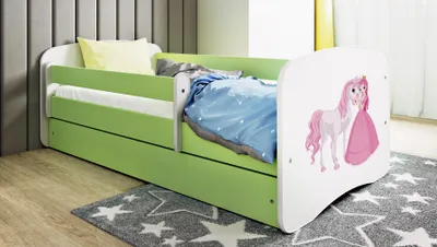 Produktbild von Kinderbett Jugendbett Prinzessin Pferd 70x140, 80x160, 80x180 cm - Komplettset mit Matratze, Schublade & Rausfallschutz