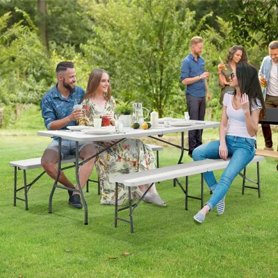 Produktbild von Juskys Bierzeltgarnitur Bayreuth 3-teilig & klappbar – 180 x 70 x 74 cm –2 Bierbänke & 1 Biertisch – Gartenmöbel-Set Festzeltgarnitur Sitzgarnitur