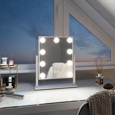 Produktbild von EMKE Hollywoodské kosmetické zrcadlo 85x304x360mm se 7x zvětšujícím zrcadlem, bílé Make-up zrcadlo s inteligentním dotykovým displejem a 3 barvami světla, 9 stmívatelnými LED světly, otočné o 360° a paměťovou funkcí