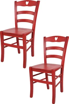 Two red wooden chairs with heart cutouts on a white background.