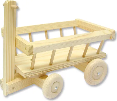 A wooden toy wagon with two levels and four wheels, shown from a side-diagonal angle.