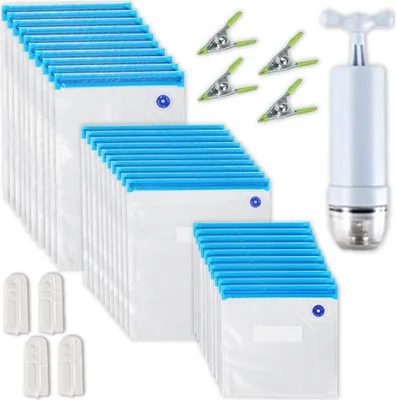 Produktbild von 35 STueCKE Vakuum-Aufbewahrungsbeutel fuer Lebensmittel, wiederverwendbare Vakuumierbeutel, 3 Groessen, mit 1 Handpumpe, 4 Kochklammern, 4 Verschlussklammern, Sous-Vide-Beutel fuer Gemuese, Fleisch