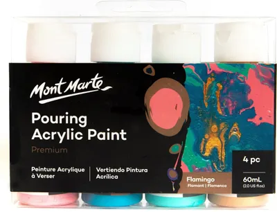 Produktbild von Mont Marte Bastelfarbe PREMIUM Pouring Acrylfarbe, Gieß-Acryl, je 4 x 60 ml, Farbe Flamingo,Untereinander vermischbar & bereits mit Medium vorgemischt