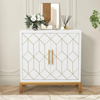 Image de Commode, buffet, armoire, meuble de cuisine, blanc, avec étagère réglable et double porte