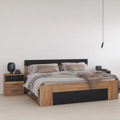 Produktbild von Schlafzimmer Set mit Bett 180x200 cm und 2 Nachttischen, Eiche mit schwarz, 3-teilig - BIRMINGHAM-83