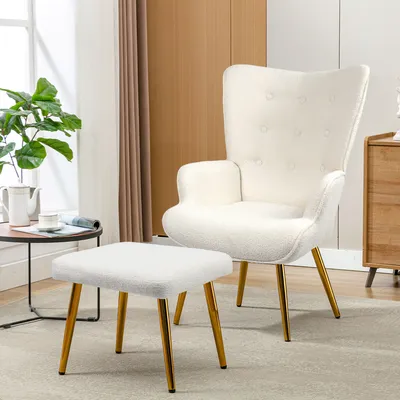 Produktbild von Fortuna Lai Křeslo s taburetem Polyesterový potah, TV křeslo Čalouněné křeslo Relaxační křeslo Koktejlové křeslo Teddy Plyšový stylový design Bílý