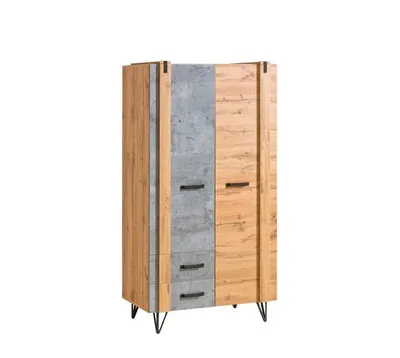 Produktbild von Kleiderschrank LORENZA, moderner Drehtürenschrank, Schlafzimmerschrank mit viel Stauraum, Garderobenschrank Industrial Design Eiche Wotan/Beton Optik