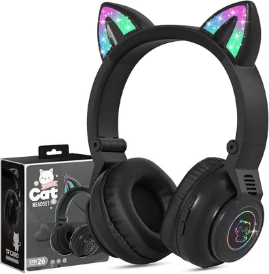 Produktbild von Katzenohren Kabellos Kopfhörer für Kinder mit LED, Kinder Kopfhörer Bluetooth mit Kabel ab 3 4 5 6 7 Jahre, Over Ear Kids Headphones