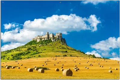 Produktbild von Wallario Outdoor-Poster für Garten oder Balkon, Motiv Alte Burg über Feldern, in ca. 61 x 91,50 cm
