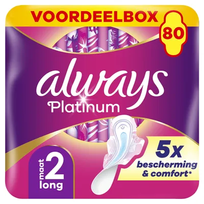 Productafbeelding van Always Platinum damesverbanden met vleugels, extra lang, medium absorptievermogen, milieuvriendelijk, verpakking van 80 stuks (4 x 20), verkrijgbaar in 5 verschillende maten
