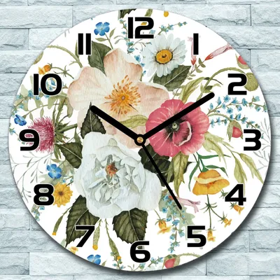 Produktbild von Wanduhr aus Glas Rund fi 30 Blumen Blumenstrauß Quarz Deko Schlafzimmer Büro