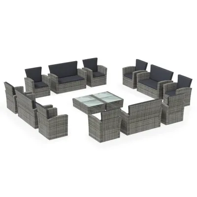 Immagine prodotto di set da giardino da 16 pezzi con cuscini in poly rattan grigio