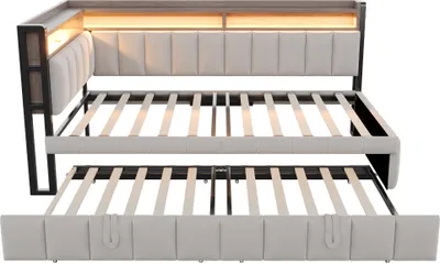 Produktbild von Merax Polsterbett Schlafsofa 90×200cm mit Ausziehbett, Tagesbett mit LED-Beleuchtung und Ablagefächern, USB & Typ-C Ladeanschlüssen, Samt Hellgrau