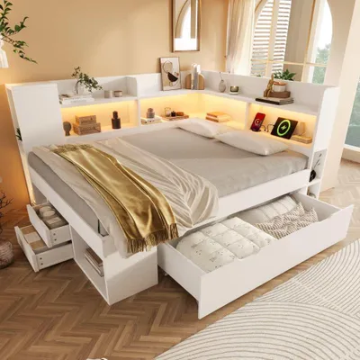 Image de Lit double multifonctionnel avec éclairage LED, ports USB et Type-C, espace de rangement, étagères, tiroirs et sommier à lattes. Idéal pour les adolescents, blanc, 140 x 200 cm.