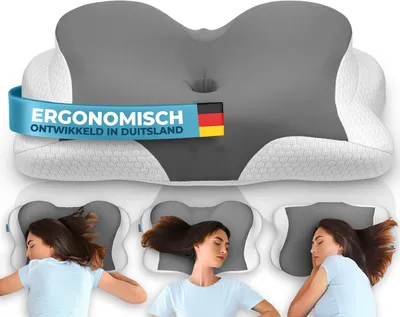 Imagen del producto de Almohada ergonómica para el cuello, fabricada en espuma viscoelástica, con forma de mariposa, color gris, de 61 x 38 cm