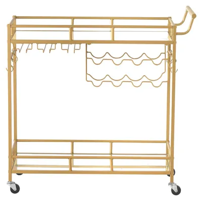 Immagine prodotto di Carrello bar SucceBuy a due livelli, carrello di servizio con ripiani in vetro specchiato, portabicchieri, portabottiglie per vino e maniglia. Carrello mobile per soggiorno, sala da pranzo e cucina, carrello da cucina dal design dorato