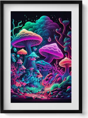 Produktbild von Neon-Pilze– Wandbild mit Rahmen – Gerahmtes Bild  – Wanddekoration – 50x70 cm –  Schwarz Rahmen